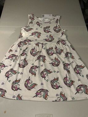 H&M White Sleeveless Unicorn Print Dress with Rainbow Accents